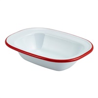 Click for a bigger picture.Enamel Rect. Pie Dish White with Red Rim 16cm