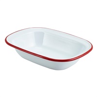 Click for a bigger picture.Enamel Rect. Pie Dish White with Red Rim 20cm