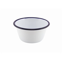 Click for a bigger picture.Enamel Round Deep Pie Dish White & Blue 12cm